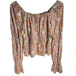 SO Goods For Life Floral Smocked Peplum Blouse Orange Pink Retro Long Sleeve M